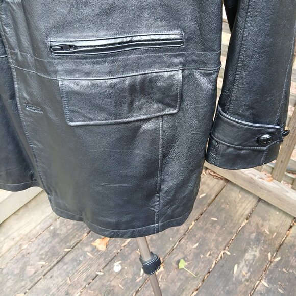 Vintage 90's Black Leather Warm Double Lined Car Coat Many Pockets & Details SzL - Picture 6 of 16